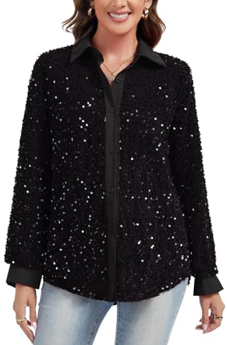 Kyzoeyou Hemd für Damen Pailletten Glitzer Oberteil Lange Ärmel mit Knöpfen Bluse Tunika Party Tops Festliches Hemdbluse Große Größen