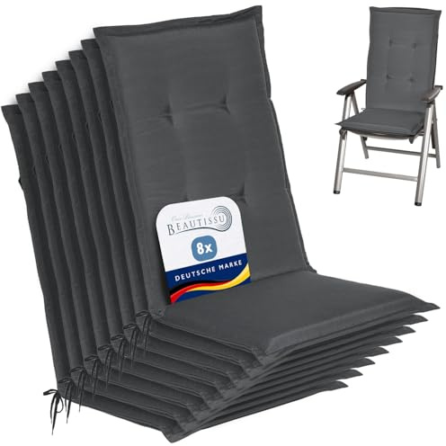 Beautissu 8er Set Gartenstuhlauflage Hochlehner Polster Auflage Sitzkissen | 120x50x6cm Anthrazit weiche Sitzpolster & Stuhlauflage für Gartenmöbel Schaumkern Füllung Polsterauflage Loft HL