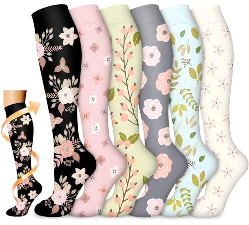 flintronic 6 Pairs Compression Socks for Women & Men, 15-20 mmHg Travel Flight Socks, Enhanced Circulation & Athletic Support, Compression Stockings for Running, Flying, Nursing(14-19in)