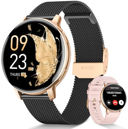 AIMIUVEI Smartwatch Damen, 1.32 HD Armbanduhr mit Telefonfunktion 120+ Sportmodi IP68 Menstruationszyklus 24H Pulsuhr SpO2 Schlafmonitor Fitnessuhr Kalorien Fitness Tracker iOS Android Schwarz Gold