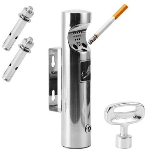 Outdoor Cigarette Butt Disposal, Lockable Wall Mounted Ashtray with Key, Stainless Steel Outdoor Ashtray for Patio, Restaurant & Hotel, Dust-Proof Outside Cigarette Receptacle 11.4 Inch (Silver)