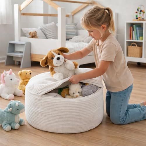 ELOVIA Kuscheltier Aufbewahrung - Sitzsack Bezug aus Cord ohne Füllung mit Reißverschluss, weich & praktisch, gemütlicher Spielzeug Organizer & Sitzkissen fürs Kinderzimmer