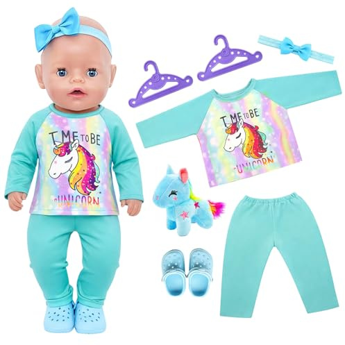 Atomvia Puppenkleidung für 35–45 cm Puppen, Blaues Pony Outfit mit Langarm Oberteil & Hose, Stofftier, Haarband, Schuhe & Kleiderbügel, Puppen Zubehör (Ohne Puppe)