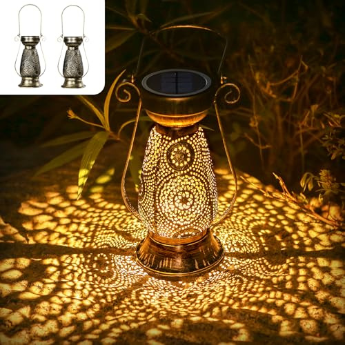 2 Stück Marokkanische Solar Laterne Outdoor, Retro-Gold Metall Solarlaterne für Außen, IP65 Wasserdicht Solarlampen für Außen Hängend für Garten Balkon Weihnachten Geschenke für Frauen Mama Oma