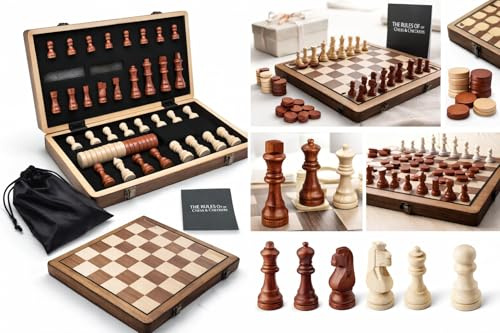 15 Inch Large Wooden Magnetic Chess Set Folding Board with Storage & Extra Queen, 2-in-1 Chess and Checkers Game, Travel Chess Set for Adults, Premium Walnut Finish Luxury Gift