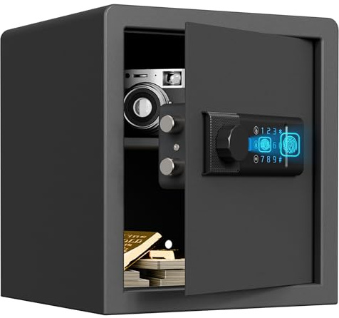 RPNB Caja fuerte huella digital, caja fuerte de acero, 34 L | Caja fuerte biométrica,teclado retroiluminado,puerto USB-C de emergencia,modo silencioso,estante extraíble,maison,bureau,hô