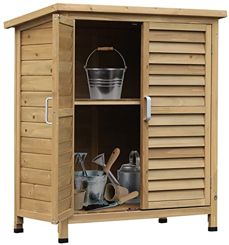 Outsunny Garden Shed Wooden Garden Storage Shed 2 Door Unit Solid Fir Wood Garage Tool Organisation Cabinet, 87L x 46.5W x 96.5Hcm, Natural