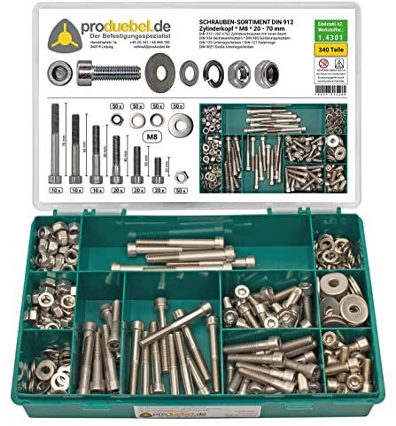 Sortiment Zylinderschrauben mit Innen 6-kant DIN 912 Edelstahl A2 V2A (DIN912+934+985+125+127+9021) (M8 340 Teile)