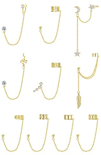 ADRAMATA 10 Pendientes Dorados de Plata con Plumas de Serpiente y Luna, Largos Pendientes de Oreja Cartílago Hélice con Borla Ear Cuff para Mujer