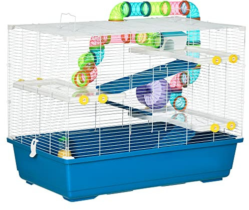 PawHut Nagerkäfig Kleintierkäfig Kleintiergehege Kleintier Röhrensystem in Mehrfarben Blau+Weiß 79 x 46 x 60 cm