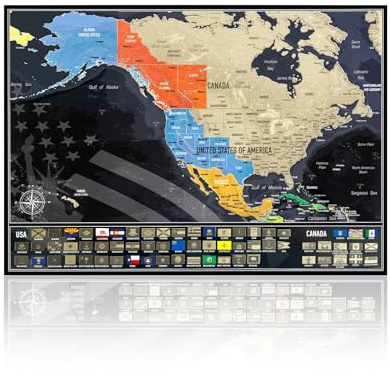 Nordamerika Rubbelkarte mit USA & Kanada Staaten, Provinzen und Flaggen - Reisen Tracken, Größe 42 x 29,7 cm