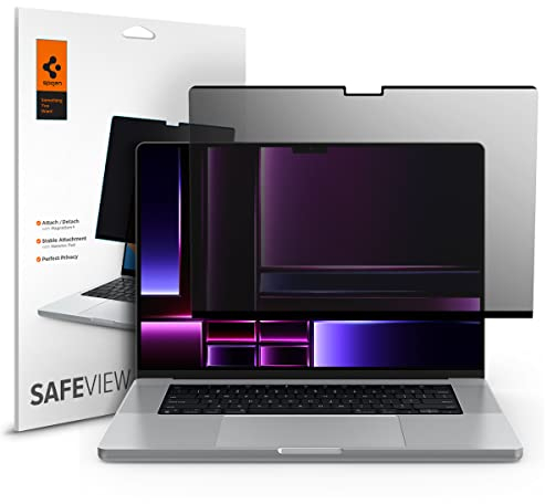 Spigen SafeView Protector Pantalla Filtro Privacidad para MacBook Pro 16 pulgadas (M4 Pro / M4 Pro Max / M3 series / M2 series / M1 series), 1 Unidad, Anti-Espía, Con paño de limpieza y estuche