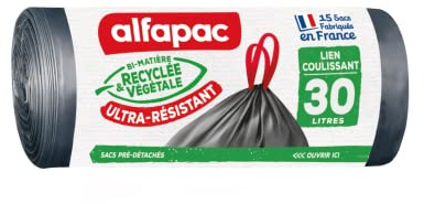 alfapac - 15 sacs-poubelle 30L à lien coulissant ultra-résistant - fabriqués en France - bi-matière recyclée & végétale