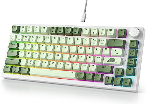 Fogruaden Teclado mecánico para juegos al 75 % – 75 % Matcha, montaje de junta intercambiable en caliente, interruptor rojo, retroiluminación RGB, teclado mecánico TKL de 82 teclas con perilla