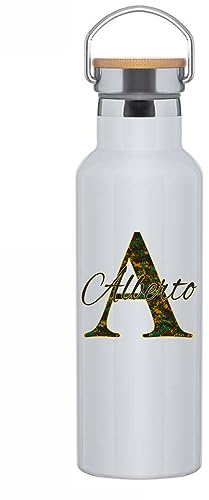 C&P Botella personalizada con nombre + inicial, Botella original tapón a rosca en acero inox, con detalle de bambú y asa integrada térmica de doble Capa bebidas frías 24h y Calientes 12h, 500 ml (5)