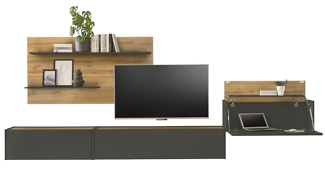 Furn.Design Wohnwand mit Sekretär/Schreibtisch in grau matt und Eiche Wotan Wohnkombination Set 4 teilig Wohnzimmer Büro Home-Office Schränke 350 x 180 cm Center (Set 2)
