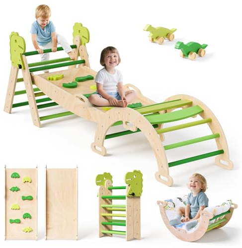 nmoiww swing interior para niños pequeños, escalera de escalada triangular plegable, swing de madera, juguete de escalada Montessori, carga 50 kg para interiores y exteriores (Dinosaurio verde-7 in 1)