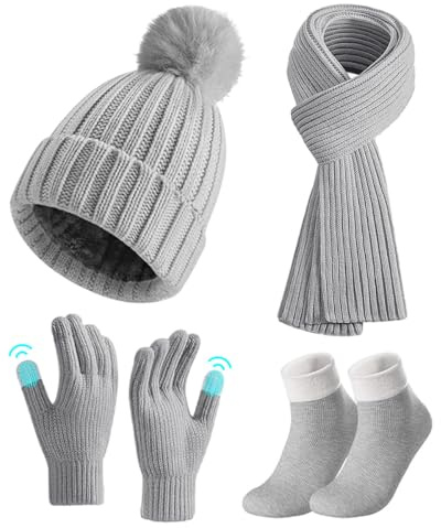 Schal Mütze Handschuhe Set Damen, 4pcs Gestrickt Mütze Schal Set mit Touchscreen Handschuhe Baumwoll Socken, Super Weiche Und Warme Beanie Ski Mütze Schal Geschenkset für Frauen Outdoor Sports