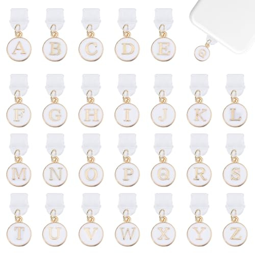 GLOBLELAND 26Pcs Alloy Enamel Letter Pendants Non Dust Plugs Covers Dust Plugs Charm Charge Port Protector Cover Kawaii Dustproof Plugs for Type C Smart Phone Cell Phone