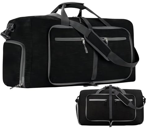 Sac de Voyage 60L Pliable de Grand Capacité, Sac Voyage Élégant pour Homme et Femme avec des Chaussures Compartiment, Sac de Sport Bagage Valise pour Vacances, Gym (Noir)