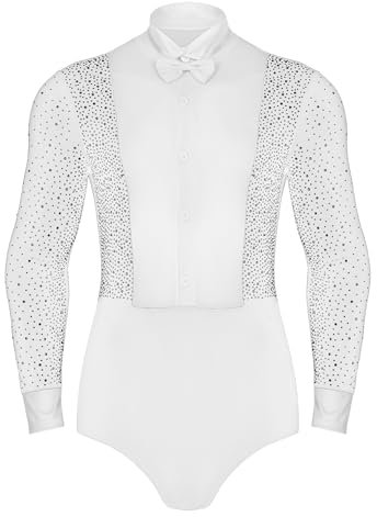 Jhaoyu Herren Latein Hemd Body Einteiler Strass Tango Rumba Hemd mit Fliege Ballettanzug Trikot Gymnastik Leotard Glänzend Kostüm Weiß M