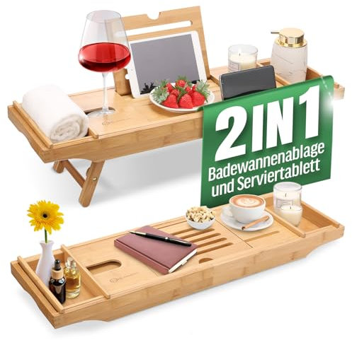 HEIMWERT Badewannenablage Badewannentablett Ablage Badewanne - Extragroß mit ausklappbarem Ständer - Badewannen Tablett Tisch und Frühstückstablett Zubehör aus Bambus (Natur)