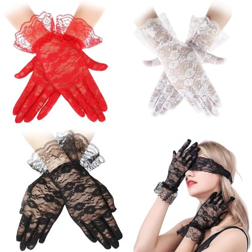 MFCGHXR Spitzenhandschuhe Weiß,Spitzen Spitzenhandschuhe für Damen - Erlesene Rote, Schwarze und Weiße Handschuhe, Zigarettenhalter für Damen, Rockabilly Damenaccessoires