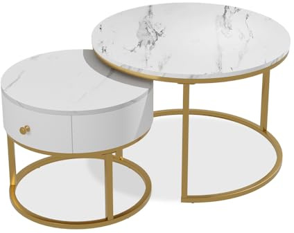 Vicco Couchtisch-Set Madrid, Marmor Weiß, 70 x 70 cm | kleiner Tisch mit Schublade, zusätzlicher Ablagefläche als Beistelltisch verwendbar