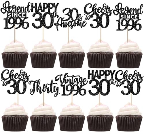 Xsstarmi 24 Pack Legend Since 1996 Cupcake Toppers Black Glitter Vintage 1996 Cupcake Picks Cheers to 30 Awesome Thirty Cake Decorations for Hello 30 Fabulous Happy 30th Birthday Party Supplies