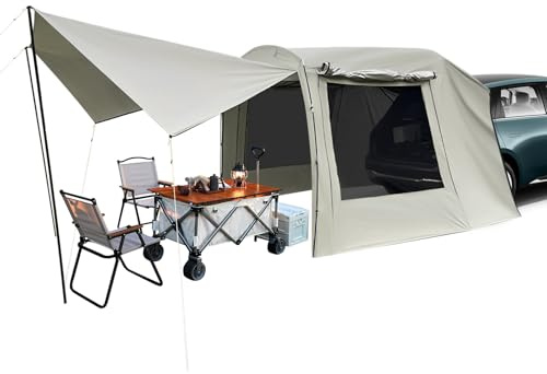 Desnysmf 4-6 People Portable Car Tent For Camping Waterproof Car Awning | Outdoor Tent with Zipper Design & Hooks, 3 Storage Bags, Offwhite 4.85*2.4*1.95m, with Attachment