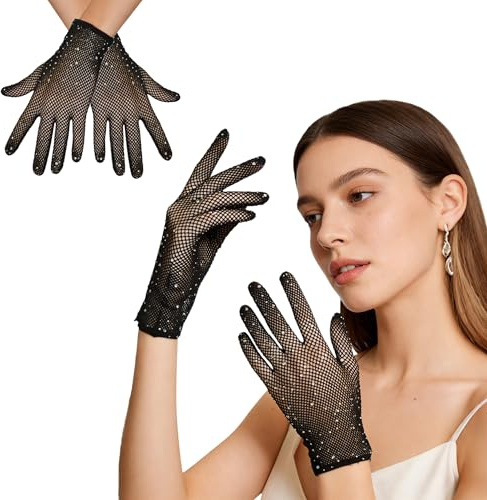 Wildarms Guantes de Rejilla para Mujer, 2 Pares de Guantes de Disfraz Elegantes para Carnaval, Fiesta y Halloween (Corto)