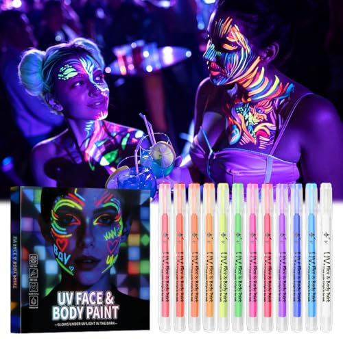 12 färger bodypainting pennor UV svart ljus pennor lysande in the dark tattoo pennor vattentät neon smink ansikte för neon party dekoration, karneval, halloween