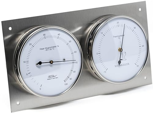 Fischer 140.01, Weinkeller-Hygrothermometer, Messstation, Haar-Hygrometer | rechteckiger Feuchtemesser und Thermometer 240 x, Messbereich 0-100 % r. F. und -10-50 °C, 130mm Durchmesser, Made in Germany