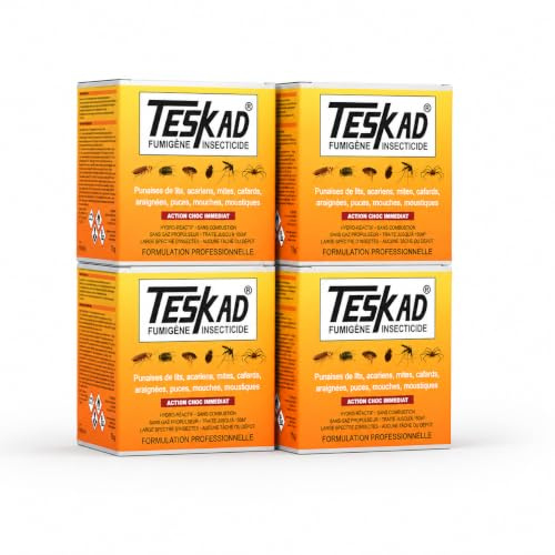 Fumigène insecticide Teskad lot de 4 anti puces, anti punaises de lit, anti cafards, anti mites, anti araignées, anti mouches, anti moucherons...jusqu'à 250m3 par fumigène