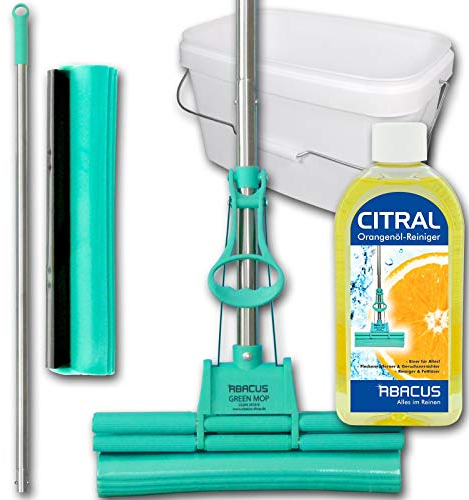 Abacus Green Mop Set 30 – 03 (6063) – Green Mop 30 cm + Manico + 30 cm ricambio schwammm + 10 litri Secchio Bianco + 500 ML citral echter orangenoelreinger – Doppia strizzatore Mocio PVA strizzare