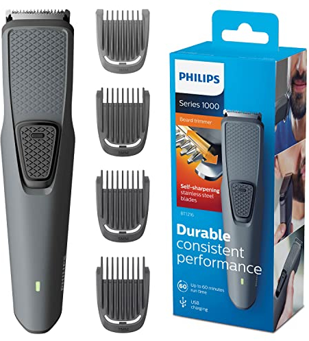 Philips Beard & Stubble Trimmer for Men, Series 1000, 4 Length Settings, Self-Sharpening Blades, USB Charging, UK 3-Pin Plug- BT1216/15