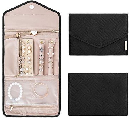 bagsmart Travel Jewellery Organiser Roll Foldable Jewelry Case for Journey-Rings, Necklaces, Bracelets, Earrings (Medium-Black)