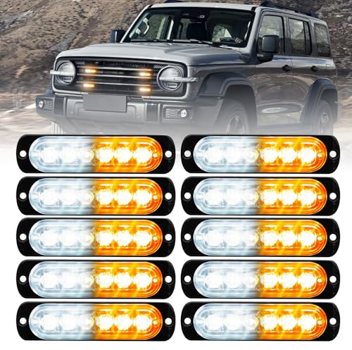 EEEKit 10 PCS LED Emergency Strobe Lights, 6 LED Amber White Strobe Warning Emergency Flashing Lights Surface Mount Caution Construction Hazard Light Bar for Car Truck Van Off-road Vehicle ATV SUV