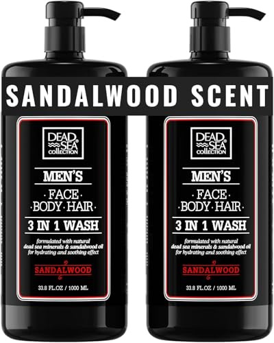 Dead Sea Collection Gel douche 3 en 1 pour hommes à l'huile de bois de santal et au sel de la mer Morte – Soin lavant, shampooing, nettoyant visage – Lot de 2 (1000 ml chacun)