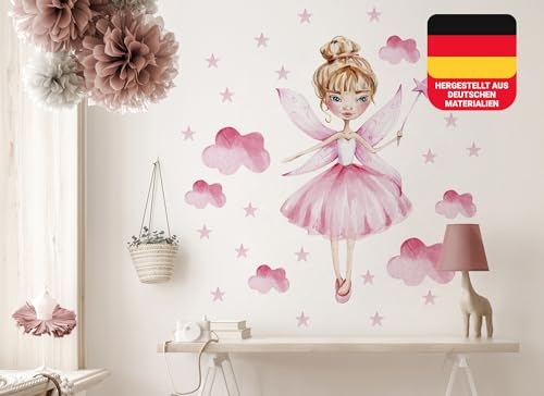 Osomhome Wandtattoo Kinderzimmer Mädchen Fee (120x110cm) | Kinderzimmer Deko Babyzimmer Wanddeko | Wandaufkleber Wandbild Kinderbilder Wandsticker | Wolken Sterne Zauberstab os6605