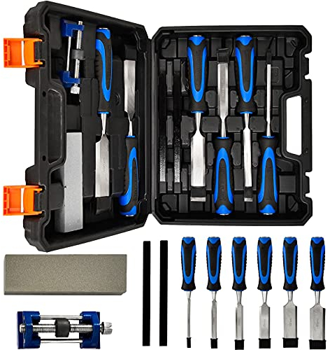 10-Piece Wood Chisel Set, Bevel Edge Wood Carving Chisel, Soft Grip with Strike Cap Set for Woodworking, Cr-V Construction Heavy Duty Chisel with Honing Guide, Sharpening Stone, Pencil & Storage Case