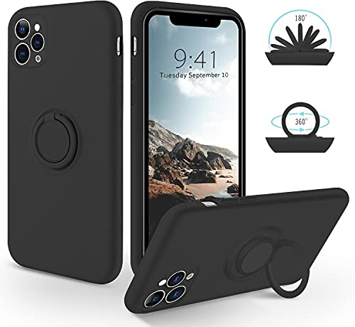 SouliGo for iPhone 11 Pro Case Silicone Gel 360° Ring Holder Kickstand Magnetic Car Mount Slim Soft Rubber Anti-Scratch Protective Shockproof Phone Cases for iPhone 11 Pro 5.8 - Black