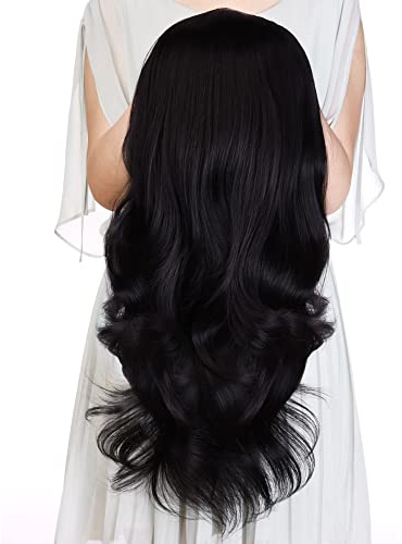 61 cm schwarze lange gewellte Clip-in Halbkopf gebundene Perücke Premium japanische synthetische Kanekalon-Fasern Haarverlängerungen für Damen 210g (11#)