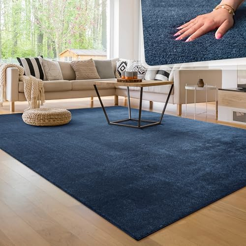 Paco Home Moderner Kuscheliger Wohnzimmer Teppich Kurzflor waschbar flauschig Weich Einfarbig Felloptik zeitlos stilvoll rutschfest pflegeleicht, Farbe:Navy-Blau, Größe:120x160 cm
