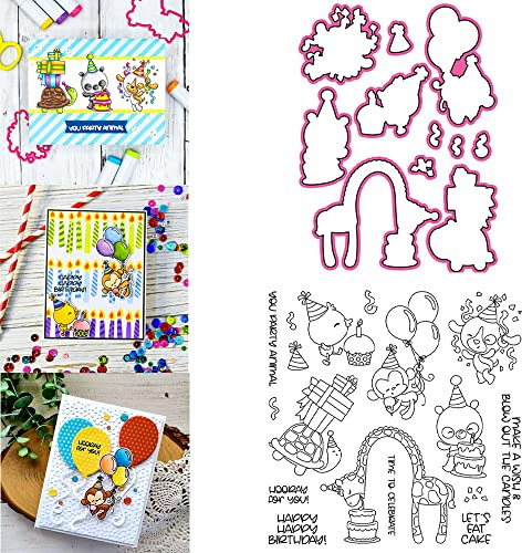 Party Animal Dies and Stamp Set for Card Making Monkey Bears Giraffe Turtles Chickens Metal Cutting Dies Coordinate Transparent Silicone Seal Stamping Stamp for Paper Crafting Handmade Arts Crafts