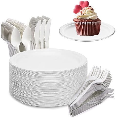 Yidaxing Einweggeschirr Set 200 Stück, Kompostierbar und Biologisch Pappteller, Partygeschirr umfasst Teller Gabeln, Messer und Löffel für Grillfest Camping Picknick Party, 50 Gäste (15.2cm)
