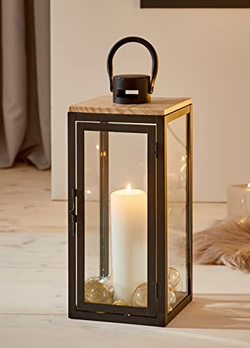 Laterne Modern aus Metall, Holz & Glas, 38 cm hoch, Bodenlaterne, Windlicht, Kerzenlaterne, Metalllaterne