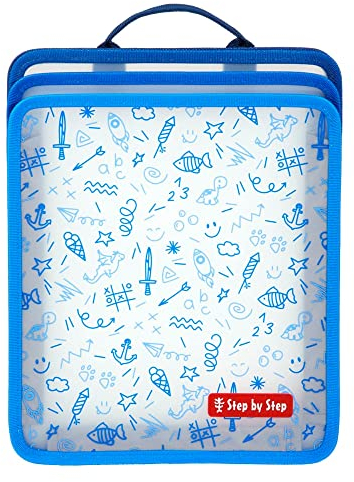 Step by Step Faltbare Heftbox, Blau, mit 3 Fächern für Hefte, Schnellhefter, Schreibblöcke, DIN-A4-Format, mit extra Lasche für 30 cm Lineal