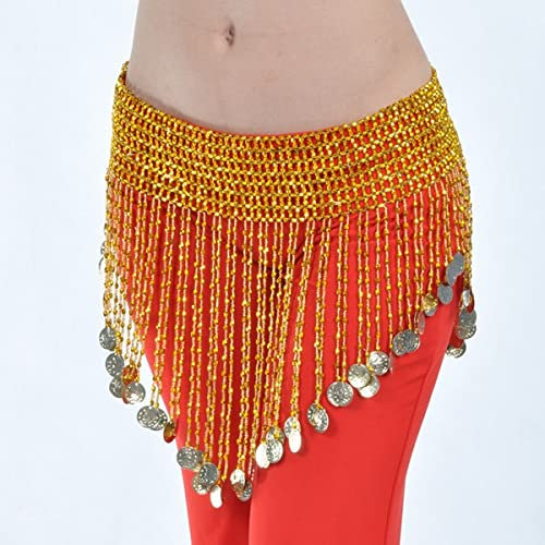 Münzgürtel Damen Bauchtanz Kleidung Quaste Hüfttuch Bauchtanz elastisch gewickelter Gürtel mit Gold/Silber Perlen Fransen Münzschal (Gold Coins Beads L)