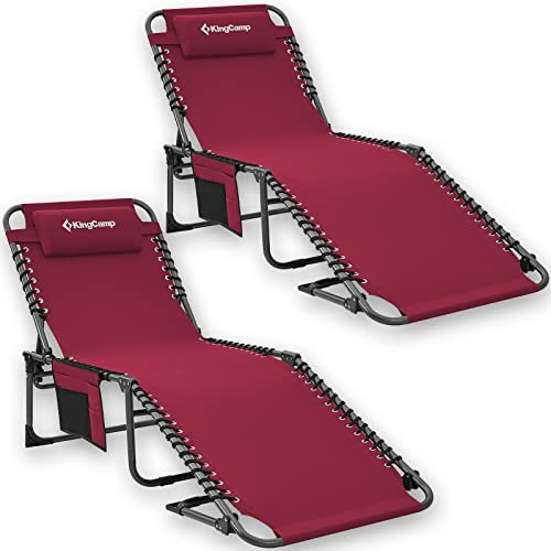 KingCamp Folding Outdoor Chaise Lounge Chair, 5-Position Adjustable Lounge Chair for Lawn, Patio, Beach, Sunbathing, Deck, Portable Heavy-Duty Camping Reclining Chair with Pillow,Wine,2 Packs